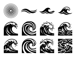 Fototapeta premium Collection of Abstract Ocean Wave Symbols and Sea Water Icons in Black and White Minimalist Style for Logo Design and Graphic Elements