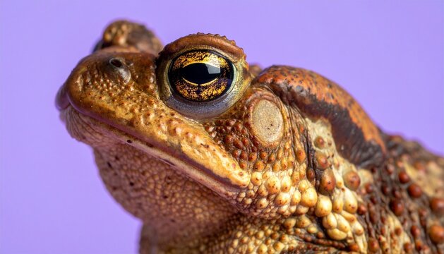 Close-up Macro Portrait of a Common Toad Head with Golden Eye on Purple Background
