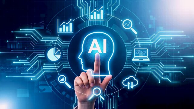 Hand touches digital AI agent hologram. Artificial intelligence network projects autonomous business process integration for intelligent robotic workflow automation and data analysis management.