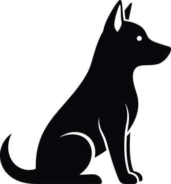 Black silhouette of a german shepherd dog sitting and facing right isolated on transparent background