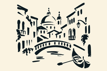 Venice canal with gondola bold sketch vector illustration © Victoria