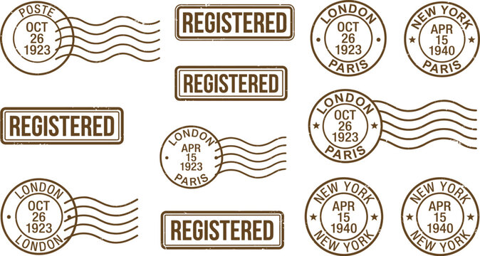 Vintage grunge stamp collection registered mail postmarks and distressed textures