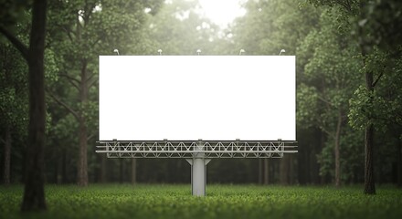 Fototapeta premium A large, blank white billboard stands in a lush green forest clearing, surrounded by trees and grass.