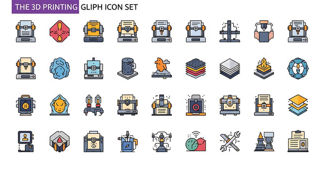 3 d printing glyph set with tools, gears, and symbols in flat style