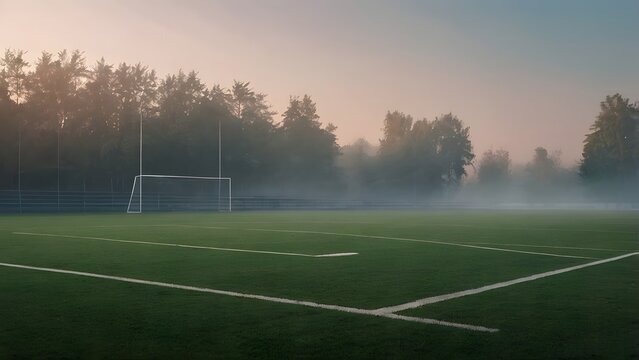 Misty football field at dawn representing sport as a bridge for peace and understanding.