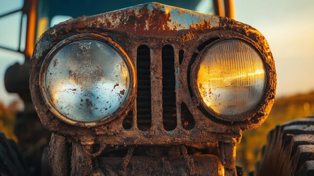 Rusty tractor headlight at sunset