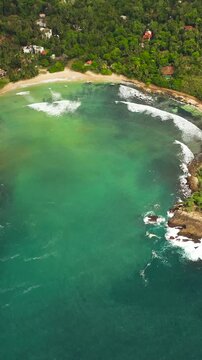 A bay with a Hiriketiya beach among palm trees. Surf spot in Sri Lanka.