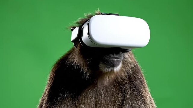 A spider monkey wearing a white virtual reality headset against a vibrant green screen background.