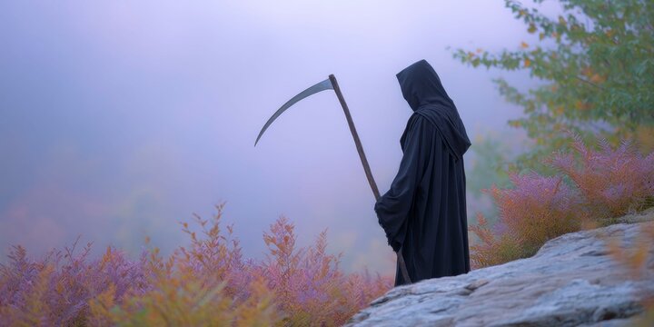 a grim reaper in a black robe, holding a scythe, walking through a forest on a hillside in the misty morning light.
