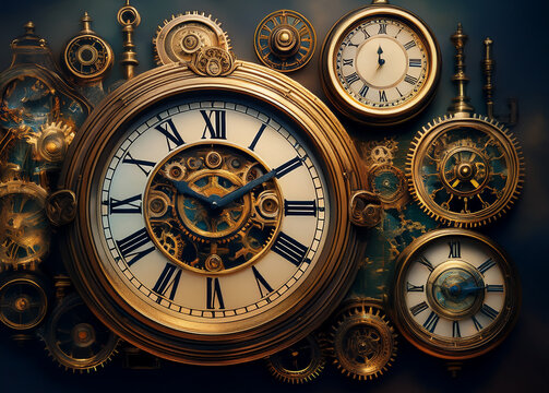 Steampunk clock, abstract concept art, a combination of Victorian aesthetics and mechanical, industrial details