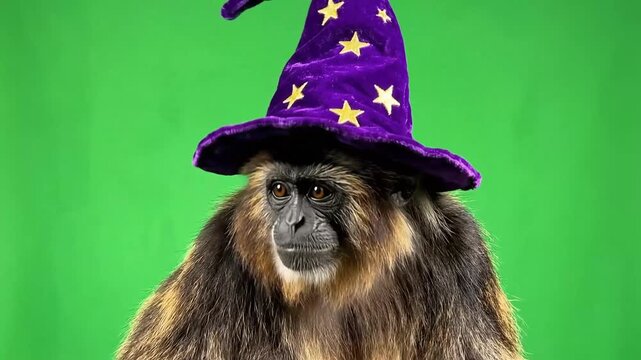 A spider monkey wearing a purple wizard hat with yellow stars against a green background.