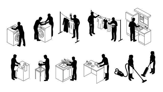 Isometric Domestic Micro-Systems Workflow &ndash; Architectural CAD Style Human Activity Vector Set for Laundry, Dishwashing and Cleaning Routines in Silhouette Style