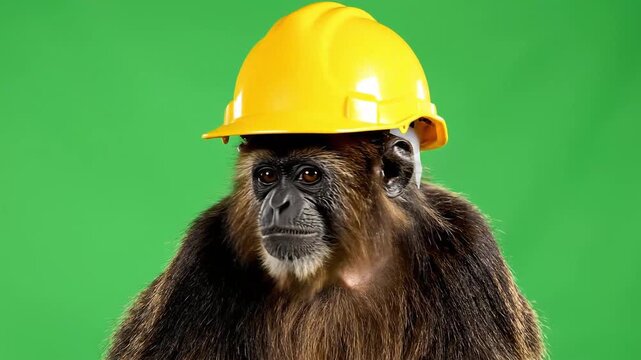 A spider monkey wearing a bright yellow hard hat against a green background looking forward.
