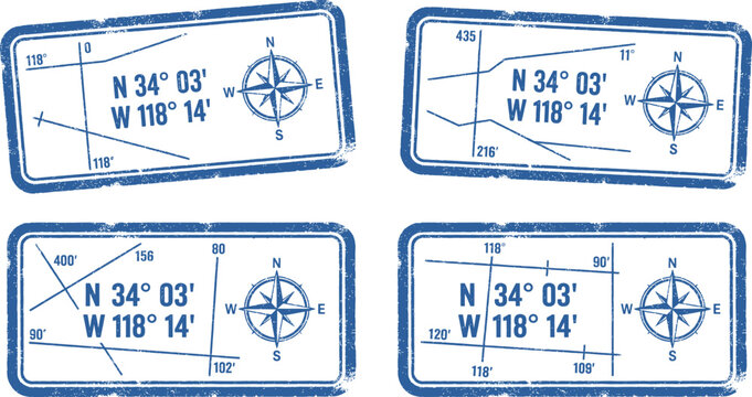 Vintage grunge stamp collection nautical coordinates compass rose design