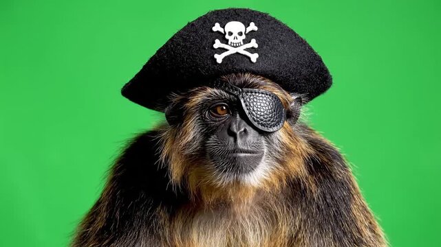 A close-up shot of a spider monkey wearing a black pirate hat with a skull and crossbones emblem and an eye patch, against a vibrant green background.