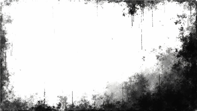 Abstract Vector grungy monochrome texture artistic frame with black watercolor spotty splattered background and unique grainy border.