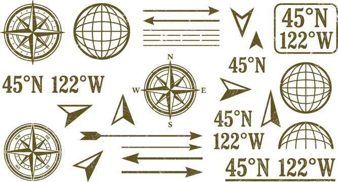 Vintage navigation grunge stamp set compass rose arrows and coordinates