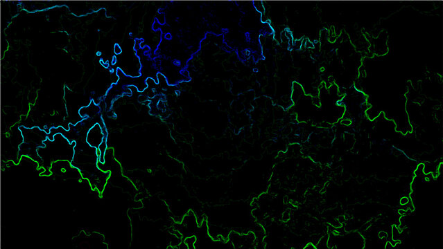 Abstract Vector neon contour map representing topography on black background with glowing green and blue gradients, showing terrain.