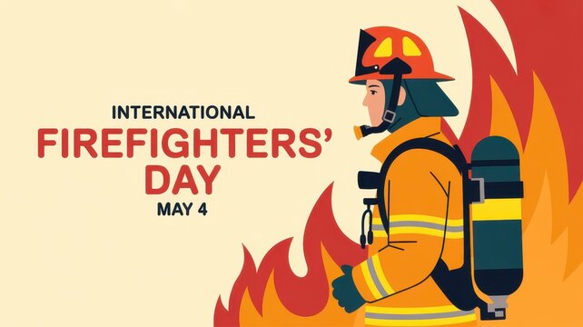 International Firefighters' Day illustration with firefighter in profile and flames background