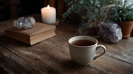 Fototapeta premium Warm steam rises from a beverage cup placed on a rustic wooden table surrounded by crystals and potted plants