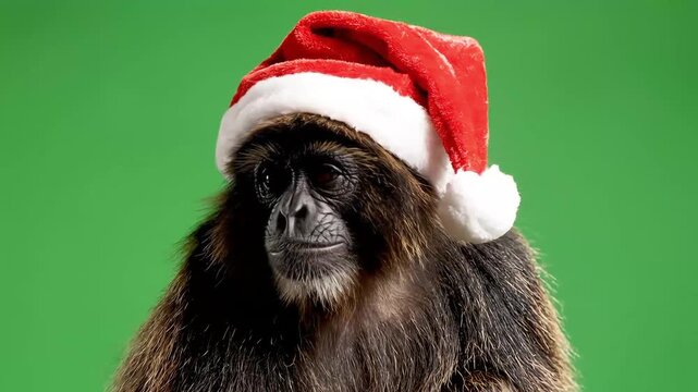 A spider monkey wearing a red Santa hat against a green screen background, looking directly at the camera.