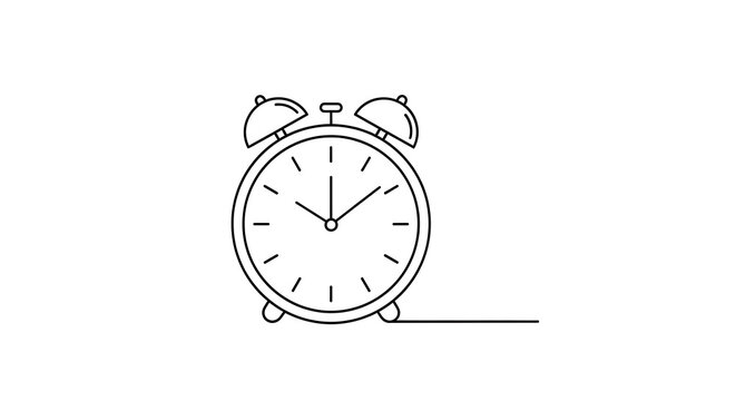 Simple line drawing of an analog alarm clock on white transparent background