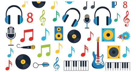 Colorful pattern of musical instruments and notes on a white background © Hridoy