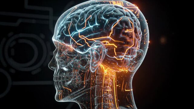 Glowing transparent skull with illuminated brain and flowing neural circuits animation