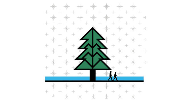 A simple illustration depicts a winter scene with a pine tree and two people