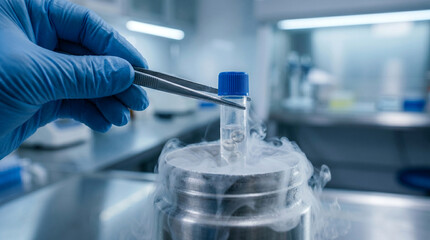 Fototapeta premium Professional Handling of Cryogenic Vials using Forceps for In Vitro Fertilization Lab Work