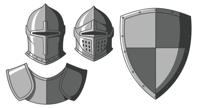 Medieval knight armor helmet shield.