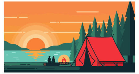 A vibrant illustration depicts a camping scene with a tent and a lakeside sunset © Hridoy