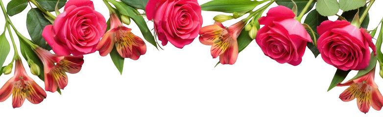 Fototapeta premium Pink rose png Alstroemeria flower png Floral border cutout Fresh flower arrangement cutout Delicate rose bud png Vibrant pink alstroemeria cutout Rose corner isolated transparent background image