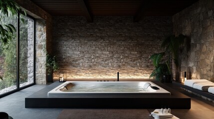 Fototapeta premium Modern hot tub in a rustic stone spa