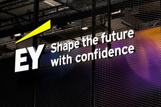 Hannover, Lower Saxony, Germany - April 22, 2026: Logo of EY in Hanover, Germany - Ernst & Young is a multinational professional services network with headquarters in London, England