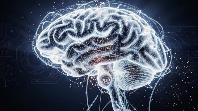 Glowing digital brain with neural connections sparking and flowing in futuristic technology animation