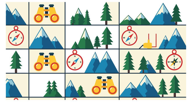 A grid pattern featuring outdoor adventure icons like binoculars compasses and mountains