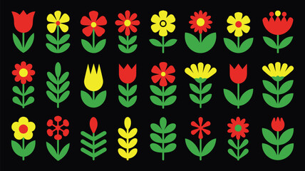Abstract floral icon collection, modern geometric flower vector set, spring and summer blossom shapes, blooming branches, and folk inspired floral patterns for posters, greeting cards, Easter themes. © vector by martin