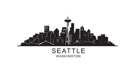 Naklejka premium Black and white skyline silhouette of Seattle city in Washington state featuring famous landmarks and urban cityscape.