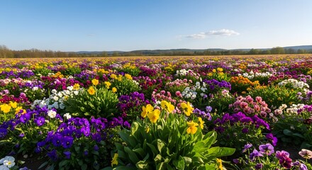 Fototapeta premium Vibrant pansy flower field blooms with diverse colors under bright blue sky.