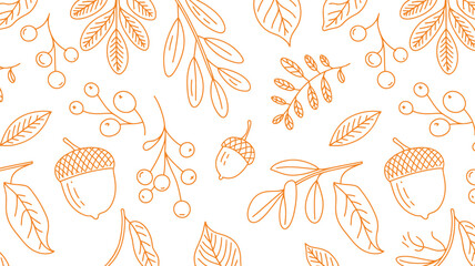 autumn seasonal seamless vector pattern, hand drawn sketch leaves with oak, maple, chestnut, acorn, and rowan berry elements, modern trendy line art background for surface design, cards, and print. © vector by martin