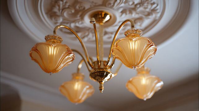 Elegant golden chandelier with ornate details and classic amber-colored glass shades illuminate a decorative ceiling medallion, evoking luxury