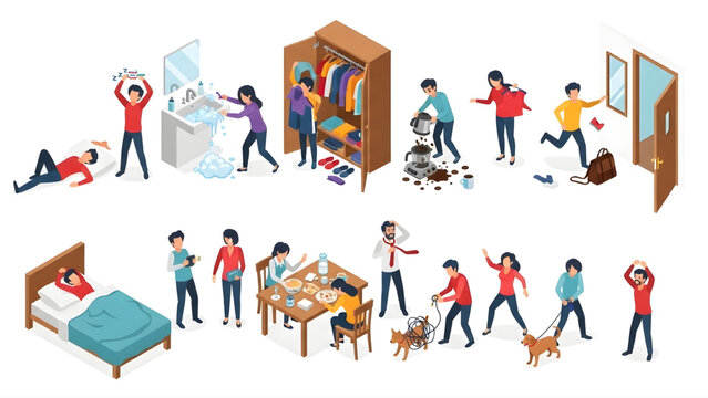 Isometric Messy Morning Routine Workflow &ndash; Human Activity System Flow with Naive Figures on Isolated White Background