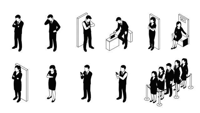 Isometric Human Waiting Behavior System &ndash; Silhouette Human Activity Vector Set with Naive Figures on Isolated White Background