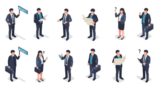 Isometric Navigation & Wayfinding System &ndash; Architectural CAD Human Activity Vector Set Showing Direction Asking, Getting Lost and Map Confusion