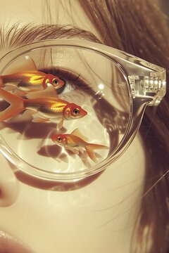 Close up of clear glasses on a human face with small goldfish swimming inside the lens.
