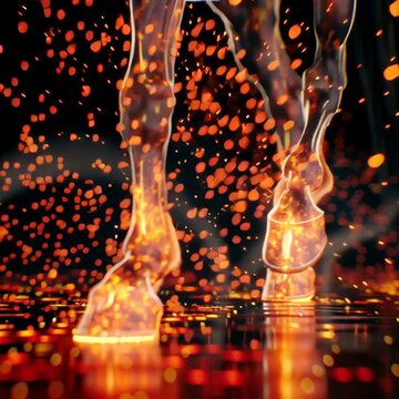 Glowing fiery lava horse legs walking on a wet reflective surface with bright floating sparks