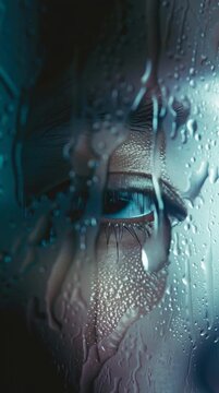 Close up of a human eye looking through a clear glass window covered in rain drops.