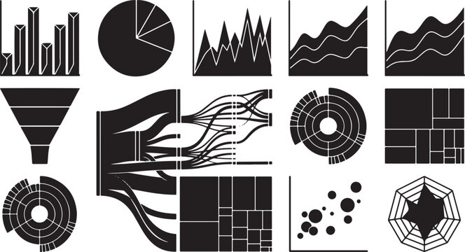 Collection Of Black Data Visualization Icons Featuring Bar Charts Pie Graphs Flow Diagrams Sunburst Charts Radar Plots Treemaps And Scatter Plots