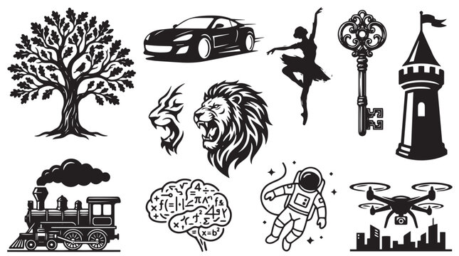 Diverse Black Vector Icon Set Featuring Oak Tree Sports Car Ballerina Lion Head Skeleton Key Tower Steam Train Brain Astronaut Drone